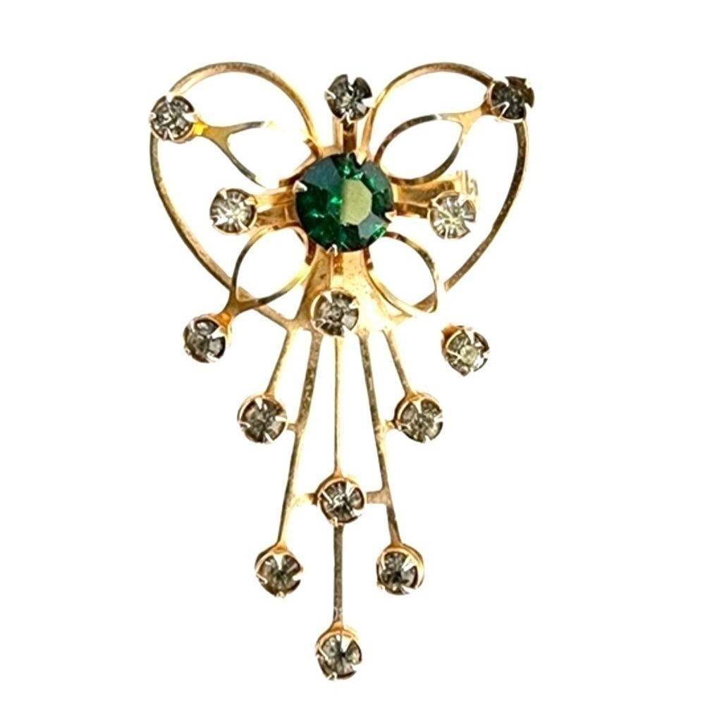 Vintage Green Rhinestone Heart Spray Brooch / Pendant Clear Gold Tone Pin 60s